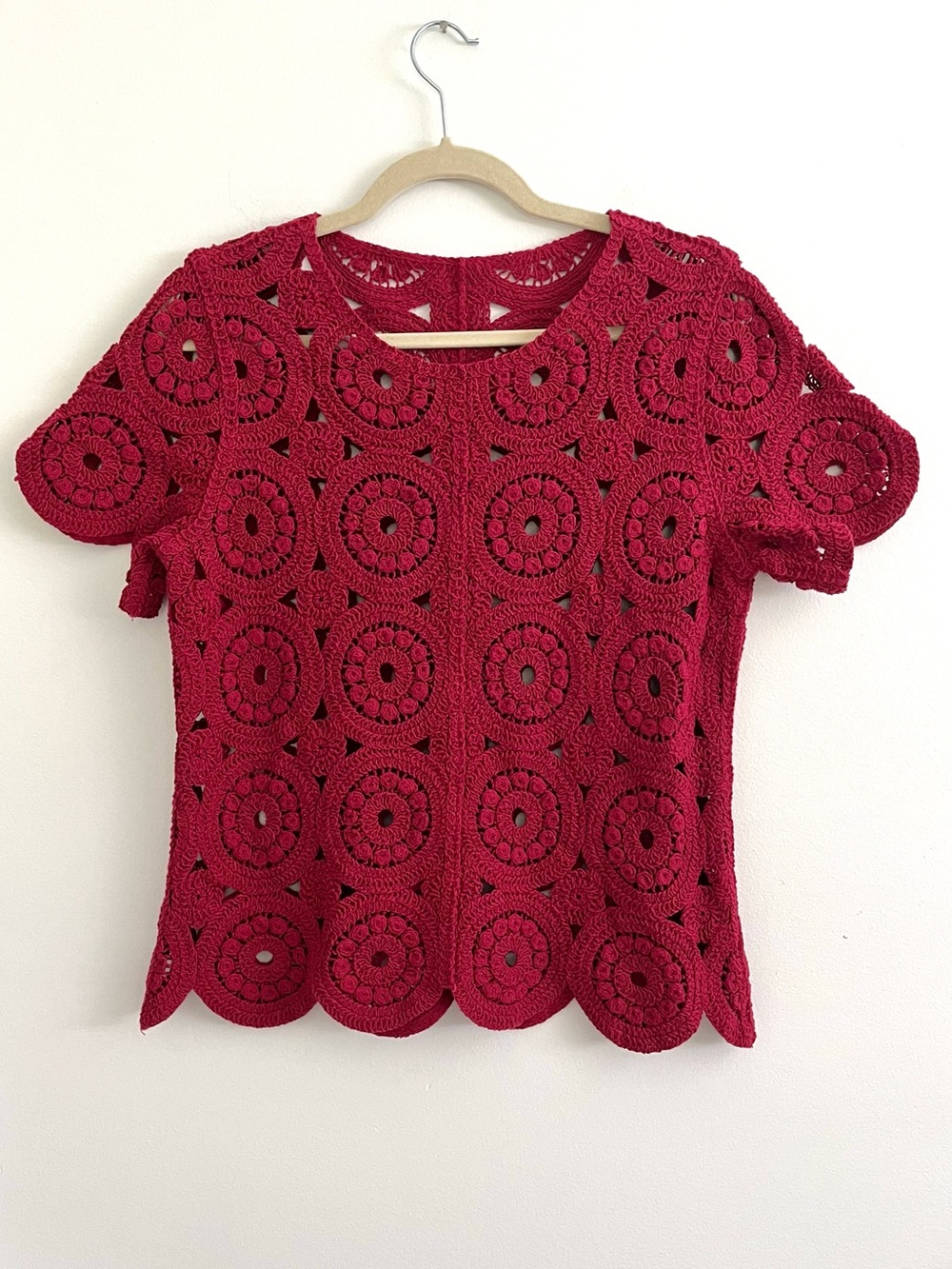 Maroon Red Crochet Circle-Pattern Irish Lace Open Knit Short Sleeve Boho Top